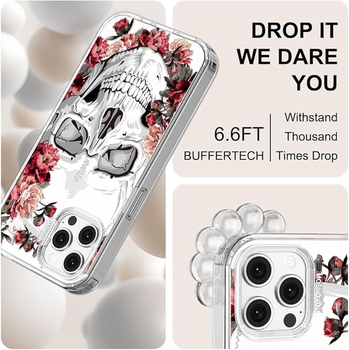 MOSNOVO Case for iPhone 12 & iPhone 12 Pro, [Buffertech 6.6ft Military-Grade Drop Protection] [Anti Peel Off Tech] Clear TPU Bumper Phone Case Cover Design - Red Flower Skull
