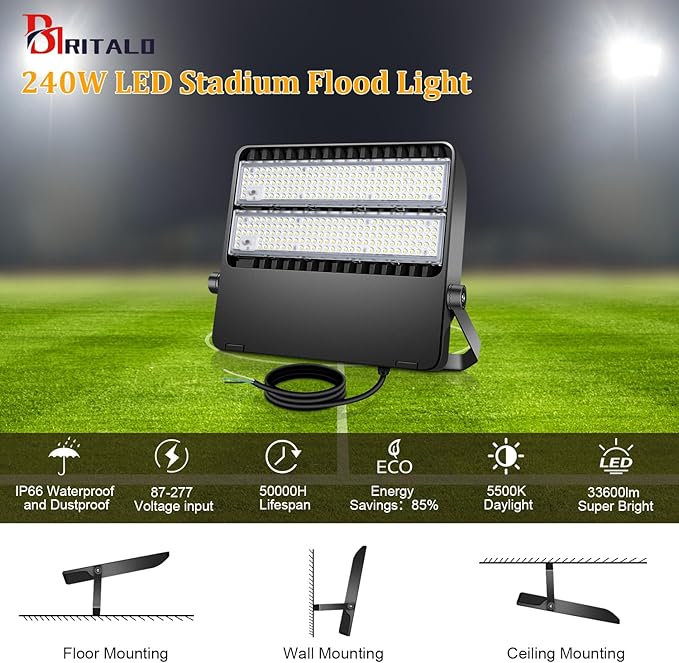 36000LM LED Stadium Flood Light Commercial 1500W Equivalent LED Arena Lighting Wall Mount Floodlights Outdoor 5500K 85-277V Waterproof 240W Shoebox Fixture for Court,Street,Yard 3 Pack