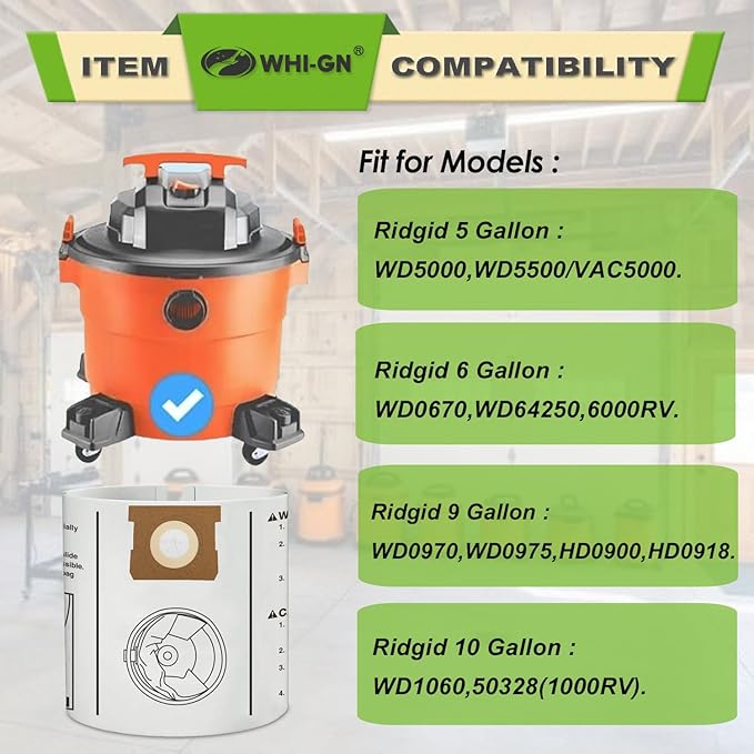 12 Pack VF3503 Shop Vac Bags for Rigid 6 to 9 Gallon Wet/Dry Vacuums, Size b High Efficiency Dust Collection Filter Bags
