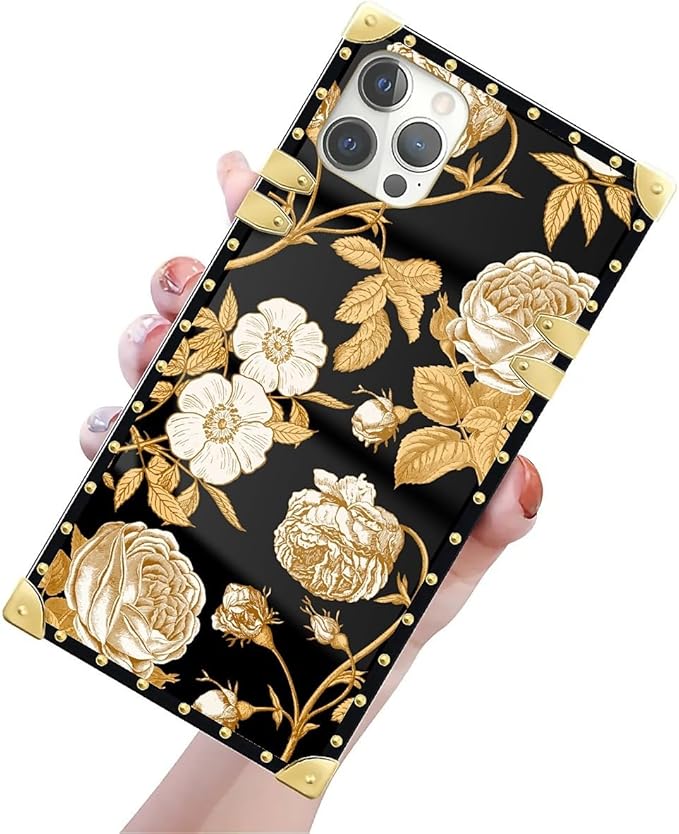 Compatible with iPhone 12 12 Pro Case, Blooming Rose Golden Flower Luxury Golden Decoration for Girl Women Soft TPU Shockproof Protective Hard PC Back for iPhone 12 12 Pro
