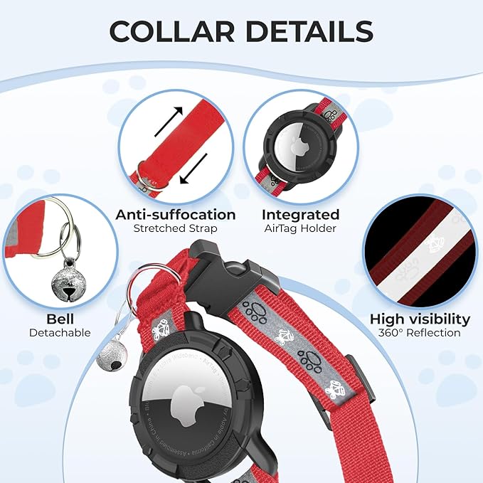 Breakaway AirTag Cat Collar, Reflective Cat Tracker Collar with Air Tag Holder and Bell, Safety Elastic Band Cat GPS Collars for Girl Boy Cats, Kittens and Puppies (Red, 8-13'')