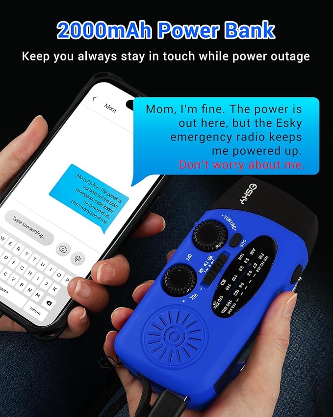 Esky Emergency Hand Crank Radio with 3 LED Flashlight, AM/FM/NOAA Portable Weather Radio with 2000mAh Rechargeable Battery, Solar Powered USB Charged Radio for Indoor Outdoor Camping, Blue