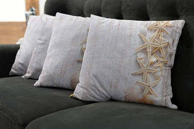 Ambesonne Seashells Throw Pillow Cushion Case Pack of 4, Starfish Marine in Vertical Direction Wood Surface Ocean Beach Nautical Print, Modern Accent Double-Sided Digital Printing, 16", Ivory Cream