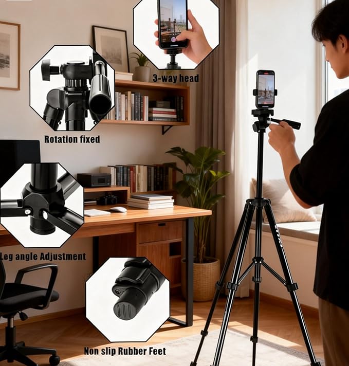 55" Aluminum Phone & Camera Tripod, Extendable Cell Phone Tripod Stand Compatible with iPhone/Android/Action Camera is Perfect for Live Streaming/Video Recording/Selfies