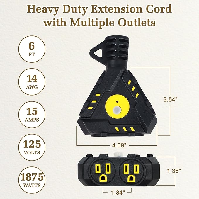 6FT 14 Gauge Outdoor Extension Cord 6-Outlet 14/3 SJTW Heavy Duty Extension Cord with Multiple Outlets Waterproof 3 Prong for Garage Workshop 15A 125V 1875W ETL Listed