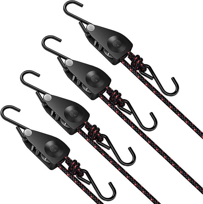 1/4" Ratchet Tie Down Straps, 4-Pack 12ft Adjustable Rope Hanger, Heavy Duty Kayak Pulley System with Hooks for Kayak Accessories, Hiking, Camping, Boating & Water Activities