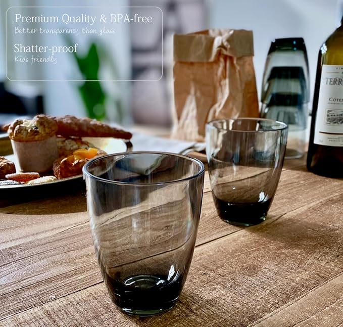 KLIFA- ETON- 15.2 ounce, Set of 6, Acrylic Drinking Glasses Set, BPA-Free Tumblers, Stackable Plastic Drinkware, Dishwasher Safe Cups, Gray-Black