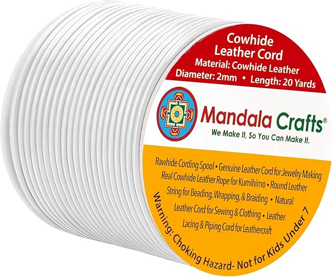 Mandala Crafts Round Cowhide Genuine White Leather Cord for Jewelry Making Kumihimo Leather Rope Spool - White String Lace - 20 Yds 2mm Cording
