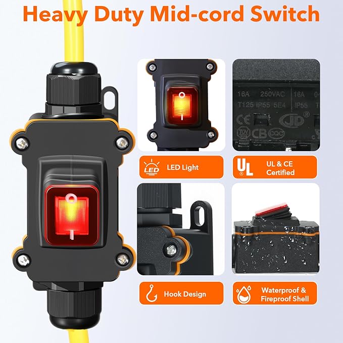 Heavy Duty Extension Cord with On/Off Switch, Outdoor Waterproof Inline Power Switch (Hook Mount, LED Indicator), All-UL Listed (Plug/Switch/Cable), 14/3 AWG SJTW, 125V/15A/1875W, 3-Pronged, 1.5FT