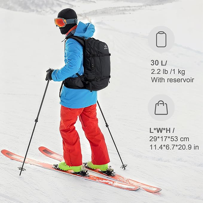 Ski and Snowboard Hydration Backpack, with 2L Water Reservoir and Insulated Harness, 30L Hydration Pack for Skiing, Hiking