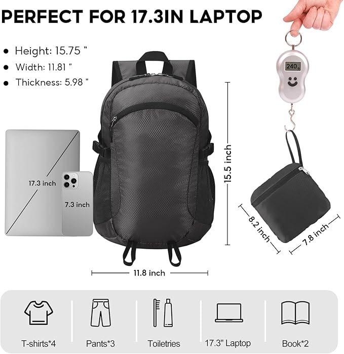 Small Hiking Backpack Travel Lightweight Hiking Packable Daypack Water-Resistant Foldable Backpacks 15L for Travel Women Men Camping (Black)