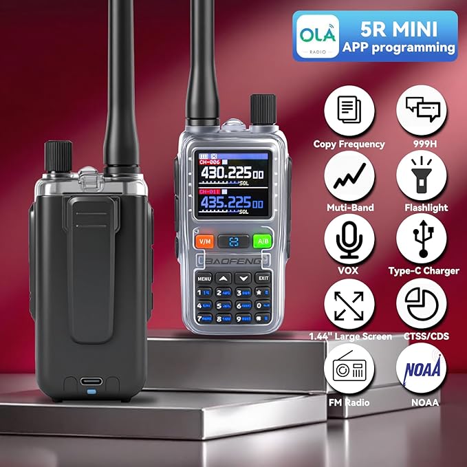 BAOFENG UV5RMINI Two Way Radio NOAA Weather Radio Dual PTT 999CH Survival APP Programming Copy Frequency Ham Radio (Hyaline)