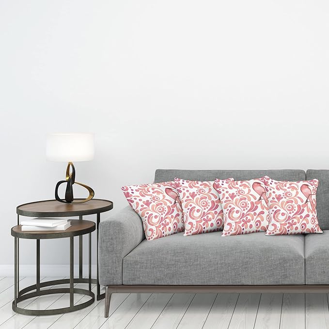 Ambesonne Watercolor Throw Pillow Cushion Case Pack of 4, Bird on Tree Branch Floral Swirls Curves Little Dots Wildlife, Modern Accent Double-Sided Digital Printing, 20", Rose White