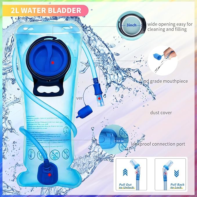 Hydration Backpack, Water Backpack with 2L Hydration Bladder, Rave Backpack Hydration Pack, Festival Essential for Raves, Hiking, Cycling, Climbing, Running, Outdoor, Camping and More