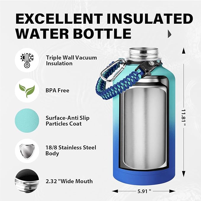 One Gallon Insulated Water Bottle, Triple Wall 128 oz Stainless Steel Wide Mouth Water Bottles (Cold for 48 Hrs), Leak Proof, Non-BPA, Large Water Flask Jug with Paracord Handle & Straw Spout Lids