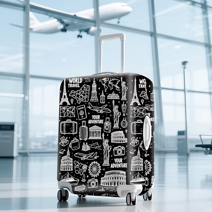 ANNA QUEEN Travel Seamless Pattern Luggage Cover -Stretchable Airplane Suitcase Protector Sleeve,Universal Washable Fit for 20-26 Inch Checked Baggage,Water Resistant Durable Luggage Protector,M