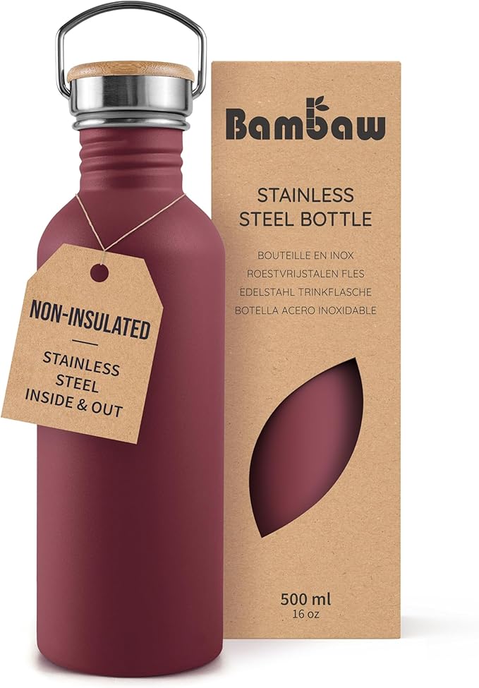 Bambaw 16 oz Water Bottle Non-insulated, Metal Water Bottle Red, Single Walled Stainless Steel Water Bottle, Leak Proof Water Bottle for School, BPA Free Water Bottle no Straw – Red Berry