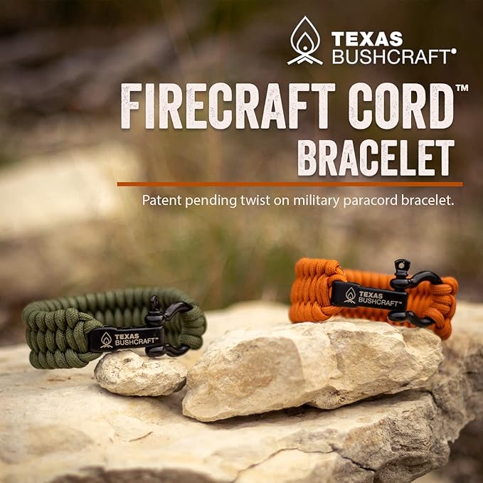 Texas Bushcraft Firecraft Cord Survival Bracelet – Paracord Bracelet with Bow Shackle for Camping and Emergency – 3 Extra Strands Include Wax Thread, Tinder, and Fishing Line