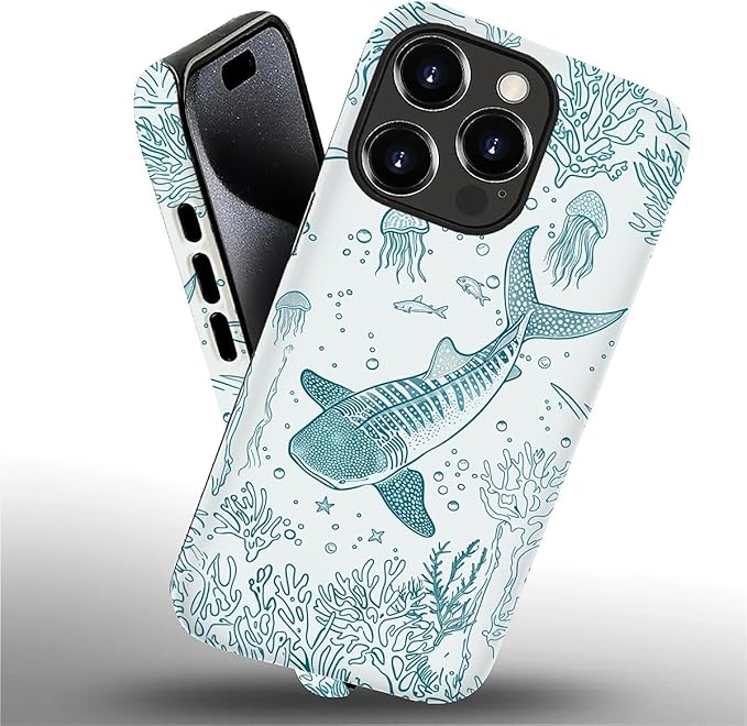 for iPhone 16 Pro Case,HH2 Ocean Whale Shark Hybrid 2 Layer Hard Shell Silicone Protective Pattern Design Case