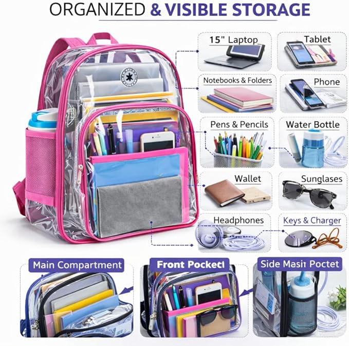 K-Cliffs Large Transparent Backpack Clear Heavy Duty School Bag Durable Student Bookbag See Through Vinyl Daypack Workbag
