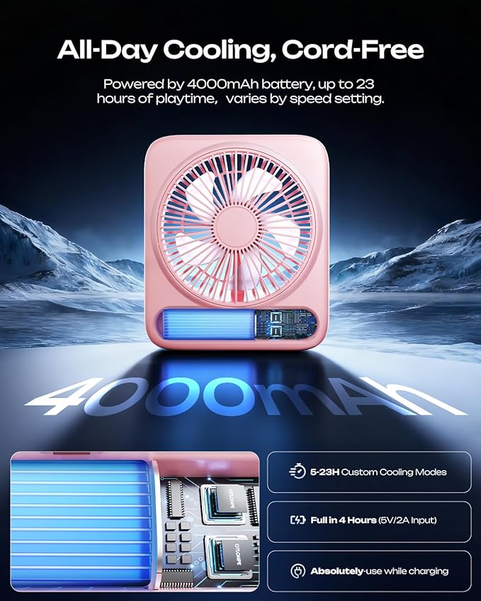Otlonpe Personal Portable Desk Fan, 4000mAh Small Rechargeable Portable Fan Battery Operated & USB Powered for Travel Sleeping Bedroom Office Home Table, Cordless, Quiet, 4-Speed, 6.5 Inch (Pink)