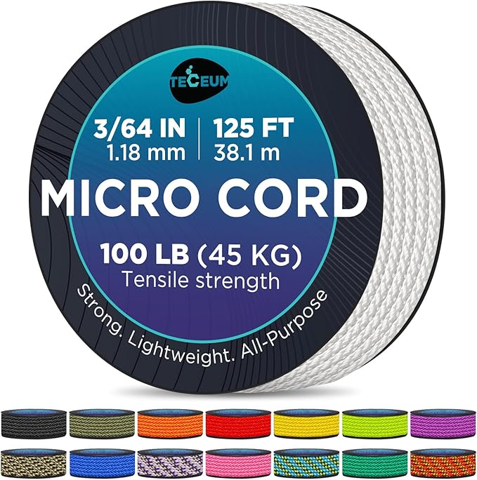 TECEUM Micro Paracord – 1.18 mm X 125 ft – Micro Utility Cord – Thin Braided Paracord Rope – Best for Crafting, DIY Projects, Fishing, Camping – Wind Chime Replacement – Survival Strong String