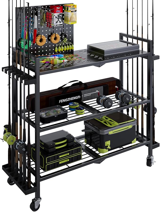 Fishing Rod Holders for Garage, Fishing Rod Stand with Wheels and Pegboard, 3-Tier Pole Storage Rack with 8 Hooks and 12 Rod Slots, Ideal for Tackle, Backpacks, and Gear