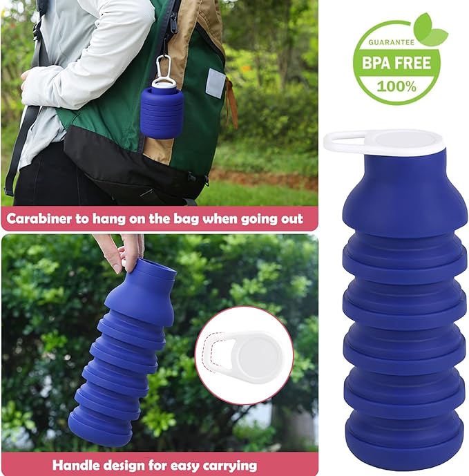 Collapsible Silicone Water Bottle 20oz - Foldable Travel Bottle Leakproof, BPA Free, Space Saving for Gym, Hiking & Travel, Dishwasher Safe(Includes carabiner and cleaning brush),dark blue