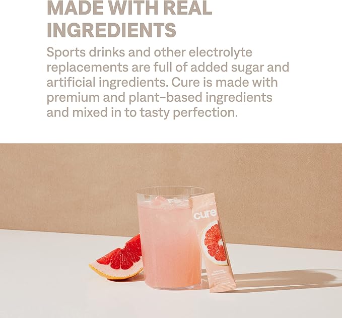 Cure Hydration Plant-Based Electrolyte Drink Mix | No Added Sugar | Dehydration Relief | Coconut Water Powder | FSA-HSA Eligible | Non-GMO, Vegan | 8 Packets – Grapefruit
