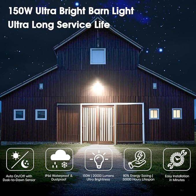 150W 4 Pack 20000LM Dusk to Dawn Outdoor Lighting, LED Barn Lights Outdoor with 150° Adjustable Photocell Pole Light 6500K Flood Light, IP66 Waterproof Area Street Light for Garage Yard