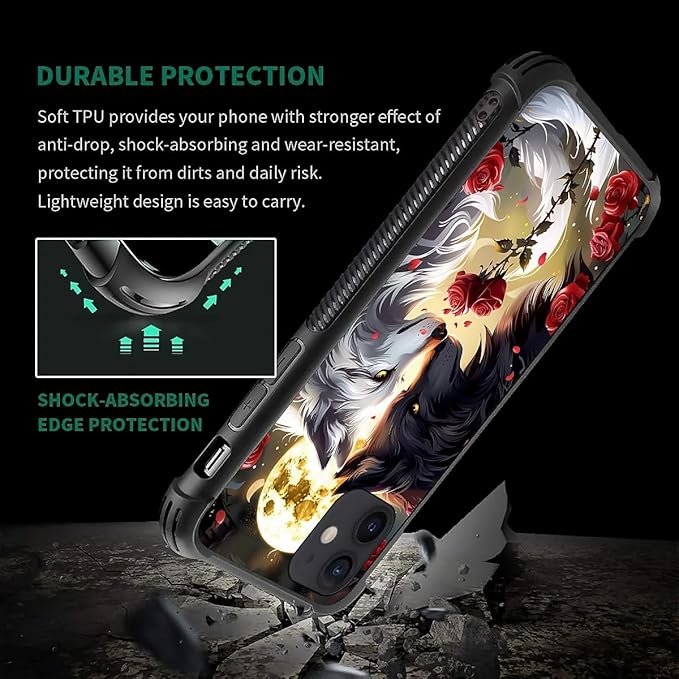 for iPhone 12 Mini Case, Black White Wolf Moon Flower Rose Pattern Made of Soft Silicone Hard Acrylic Shock Protection for iPhone 12 Mini