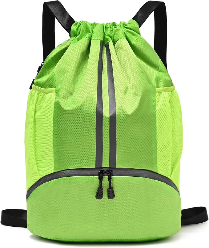 LOKAPEGY Drawstring Gym Bag for Men, Waterproof Drawstring Backpack for Women, Swim Bag with Shoes Compartment(Green)