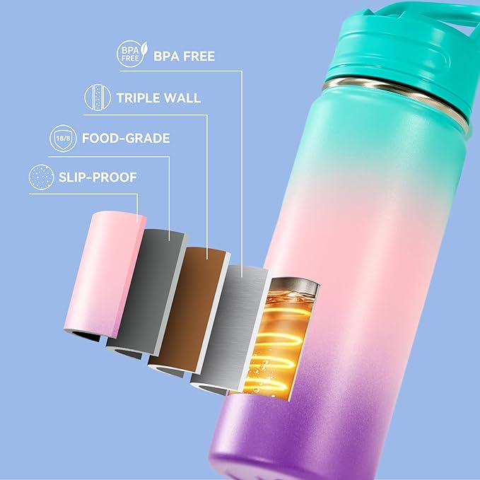 Fijinhom 18oz Insulated Stainless Steel Water Bottle with Straws, Double Wall Vacuum Insulated Bottles, Metal Thermo for Travel, Sports, Leak-Proof, BPA Free, Women & Men, Color Gradient
