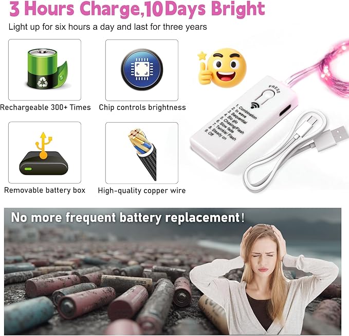 ZSJWL 6 Pack Rechargeable Fairy Lights with Remote & DIY Timer, 7Ft 20LED Mini Battery String Light, Twinkle Silver Copper Wire Lights for Wedding Party Bedroom Christmas Table Decoration (Pink)
