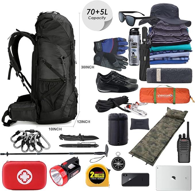 75L Hiking Backpack with Rain Cover Waterproof Camping Backpack Shoes Warehouse for Men Women, Frameless