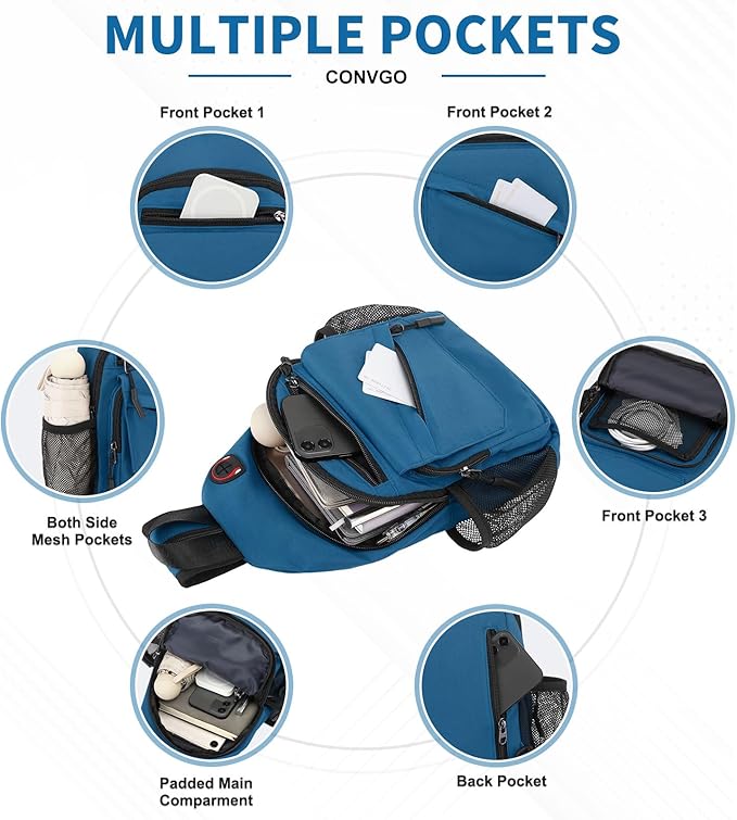 Small Crossbody Bag Casual Sling Bag for Men, Convertible Backpack, 3-in-1 Anti-Theft Shoulder Bag Trendy Daypack for Travel, Blue Grey