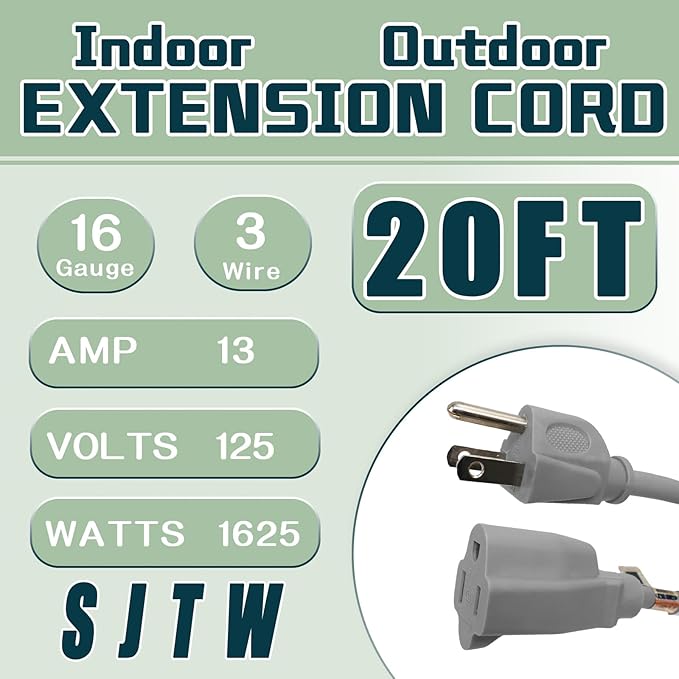 Indoor Outdoor Extension Cord 20 FT, 16/3 SJTW Weatherproof Grey Electrical Cords, 13 AMP Heavy Duty 3 Prong Power Cable Great for Garden, Landscaping & Holiday Decorations