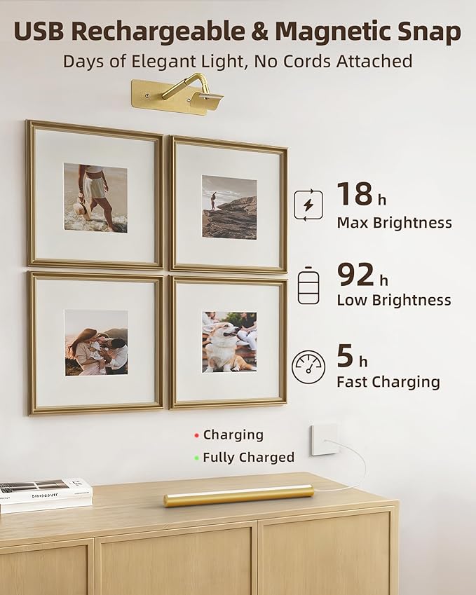 EZVALO Picture Lights for Wall, 6000mAh Rechargeable Battery 16″ Painting Light with Remote, 3 Color Temps Wireless Art Light for Gallery, Living Room, Hallway (Gold)