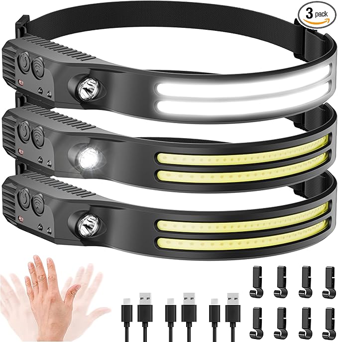 Beccason 3Pack LED Headlamp Rechargeable - 230° COB Super Bright Head Lights for Forehead, Hard hat Light for Adults, USB C Headband Flashlight for Work, Running, Hunting, Camping Essentials Gear