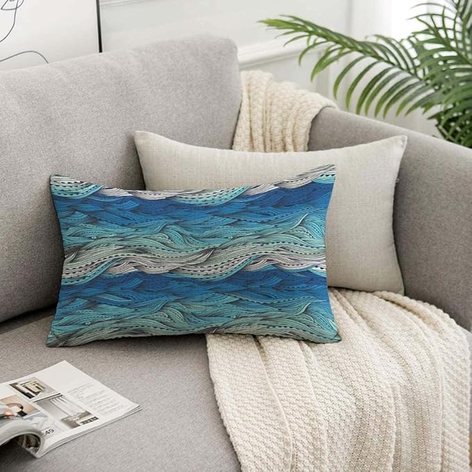 TKS MITLAN Abstract Wave Pillow Covers 12 x 20 Inch Ocean Sea Water Gradient Blue Beach Waves Lines Stripes Decorative Throw Pillow Covers Linen Cushion Case for Sofa Couch
