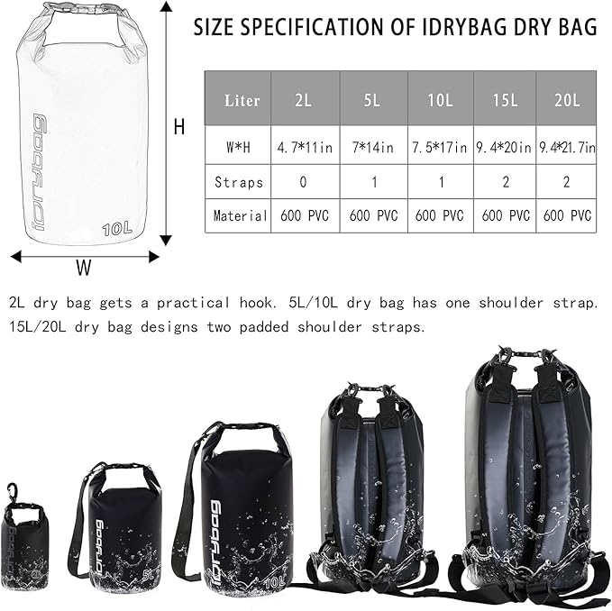 IDRYBAG Dry Bag for Kayaking Waterproof 2L/5L/10L/15L/20L, Small Dry Sack Waterproof Bag for Boating
