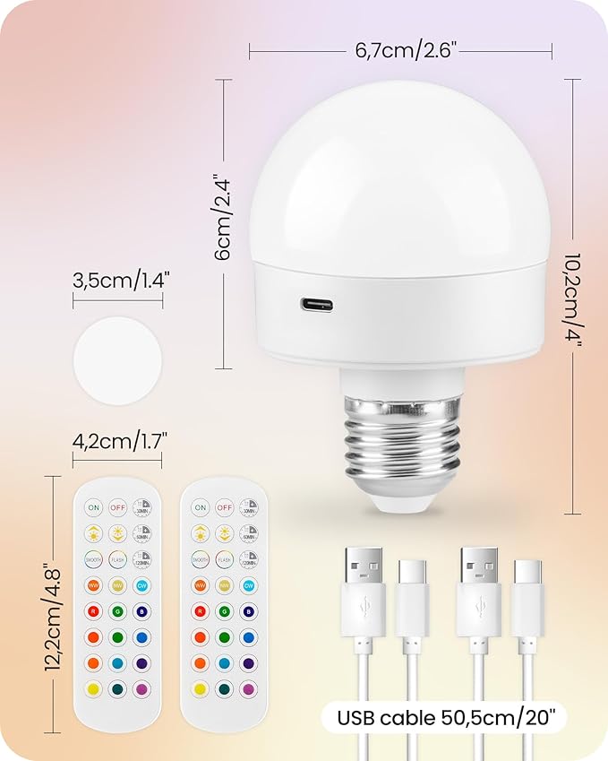 Rechargeable Light Bulbs with Remote Control, Battery Operated Light Bulbs, 3 Timer 15 Colors Selectable, Dimmable Wireless RGB LED Bulb for Wall Sconce, Non-Hardwired, 2 Pack, R01YBP206