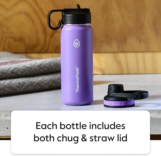 ThermoFlask 24 oz Double Wall Vacuum Insulated Stainless Steel Water Bottle - Reusable with Leakproof Chug & Straw Lids - Keeps Drinks Cold 24 hr/Hot 12 hr - Easy Maintenance - Gym/On-the-Go, Plum