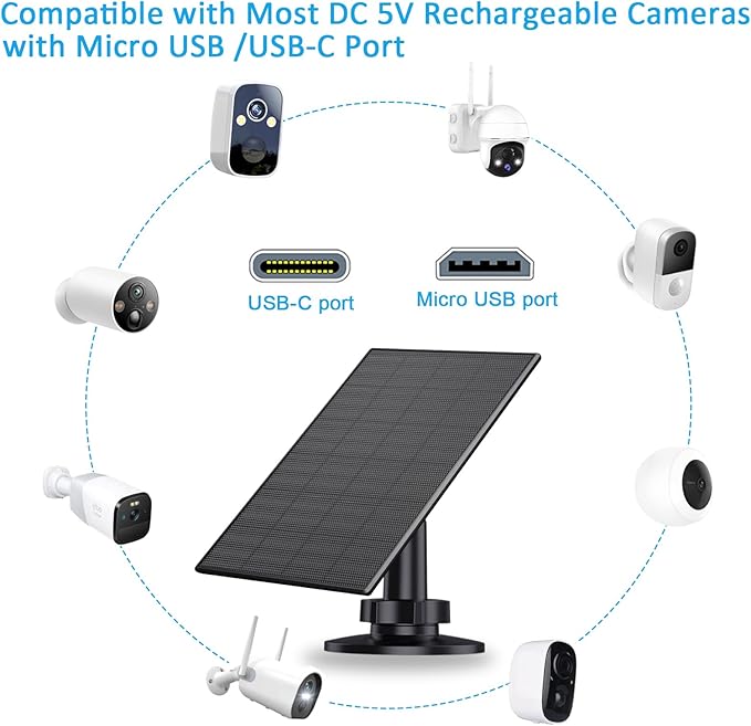 2W Solar Panel for Security Camera Outdoor, USB/USB-C Charger with IP65 Waterproof, 360° Adjustable Mount & 7.2ft Cable, Compatible with Rechargeable Battery Cameras (4 Pack, Black)