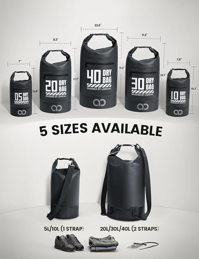 Lamicall Waterproof Dry Bag with Phone Pouch, Floating Roll Top Backpack, 10L, Black