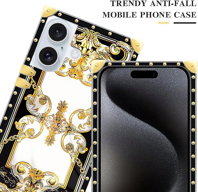 Compatible with iPhone 16 Plus Case, Gold Grain Flowers Luxury Golden Decoration for Girl Women Soft TPU Shockproof Protective Hard PC Back