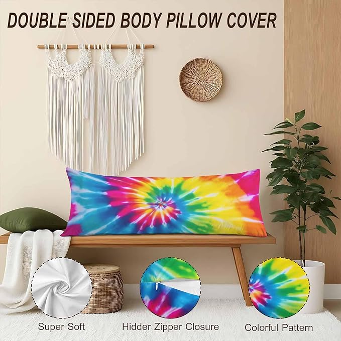 Tie Dye Body Pillow Pillowcase, Abstract Tie Dye Rainbow Farmhouse Pillow Body Cushion Case, 20x54 Inch Body Pillow Cover Extra Large Pillow Protector for Home Couch Sofa