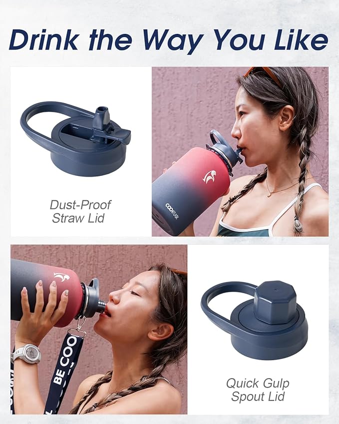Coolflask Half Gallon Water Bottle with Strap, 64oz Insulated Water Jug Stainless Steel with Straw & Spout Lids, Metal Large Water Flask, Keep Cold 48h Hot 24h, Leak Proof, Non-BPA, Wine/Navy