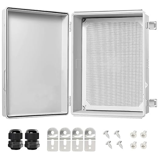 LeMotech Electrical Box, IP67 Waterproof Hinged Cover Stainless Steel Latch Junction Box, ABS Plastic Electrical Enclosure with Mounting Plate,Wall Brackets, Cable Glands,19.6"x15.7"x7.8",Grey