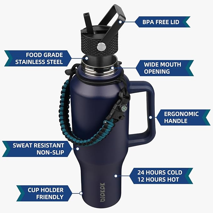 BJPKPK Insulated Water Bottles with Straw Lid, 35oz Metal Water Bottle with 2 lids & Paracord Strap, Double Wall Stainless Steel Tumbler with Handle, Reusable Cups, Mugs, Thermo, Navy Blue